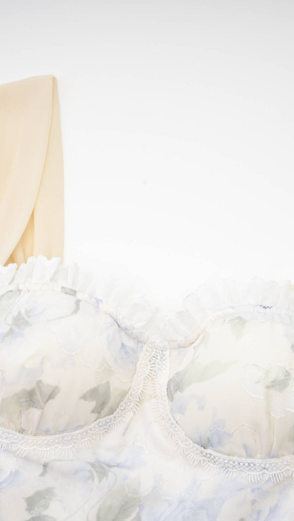AIIZIE FLORAL PRINT RUCHED MINI DRESS IN WHITE - product image