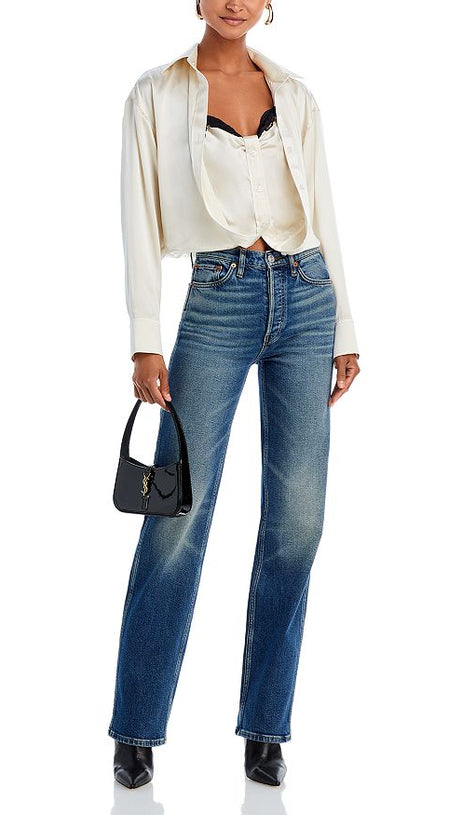 SILK BUTTON DOWN LACE TRIM SHIRT