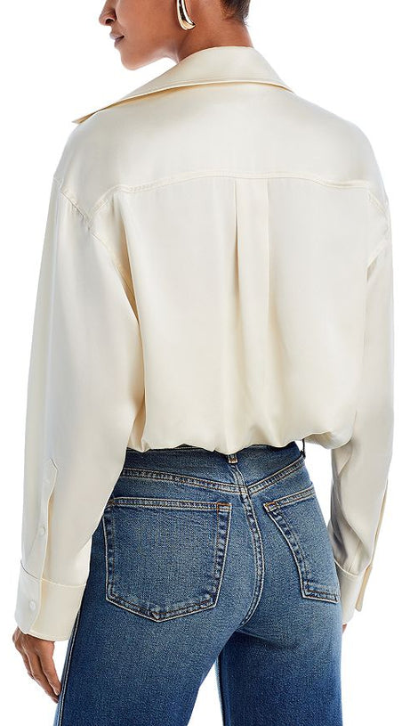 SILK BUTTON DOWN LACE TRIM SHIRT