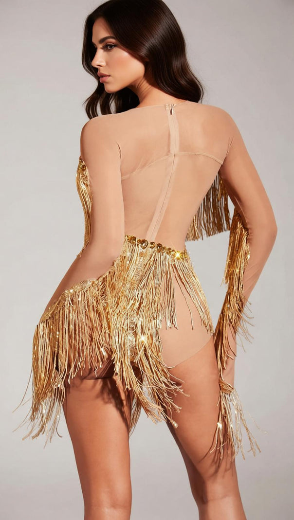 AIIZIE Axiom Golden Fringe Showstopper Bodysuit | Long Sleeve Glam Sparkle - product image