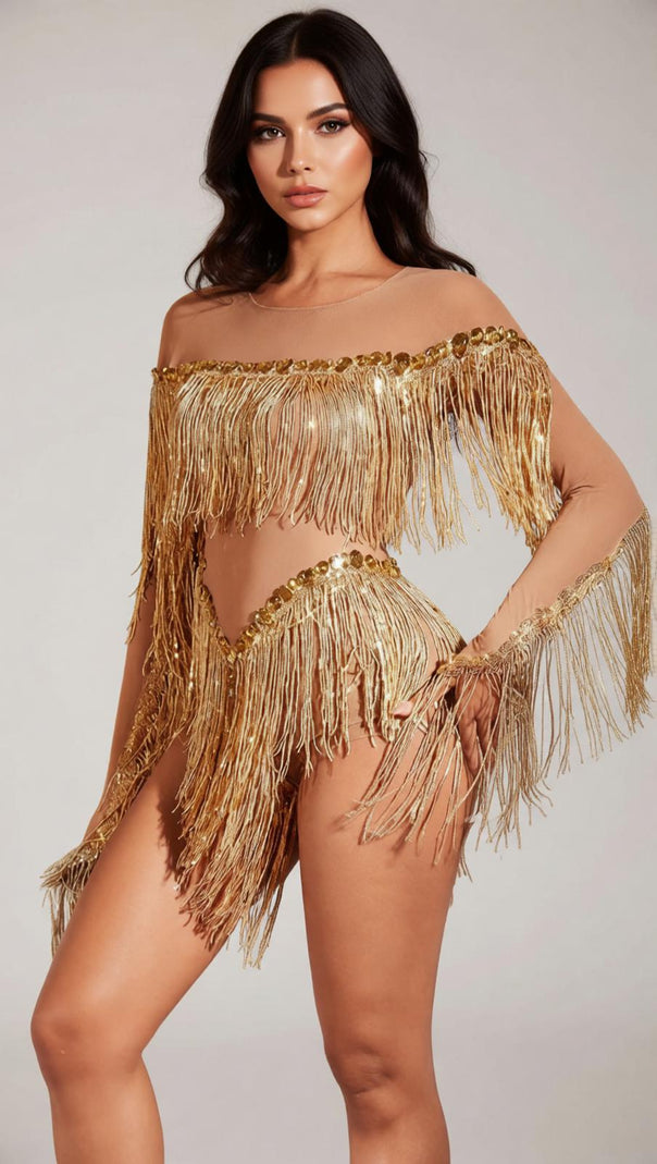 AIIZIE Axiom Golden Fringe Showstopper Bodysuit | Long Sleeve Glam Sparkle - product image