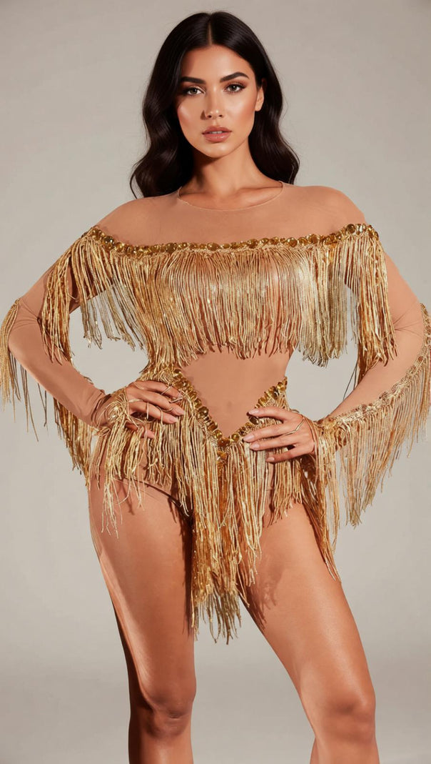 AIIZIE Axiom Golden Fringe Showstopper Bodysuit | Long Sleeve Glam Sparkle - product image