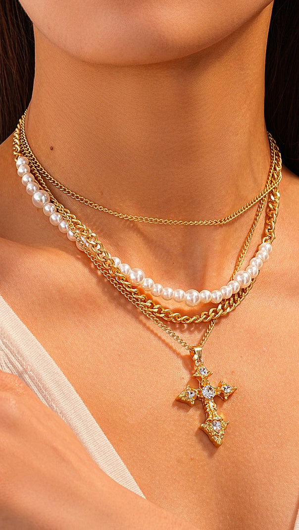 AIIZIE Jordyn Elegant Layered Pearl & Crystal Cross Necklace for Women - product image