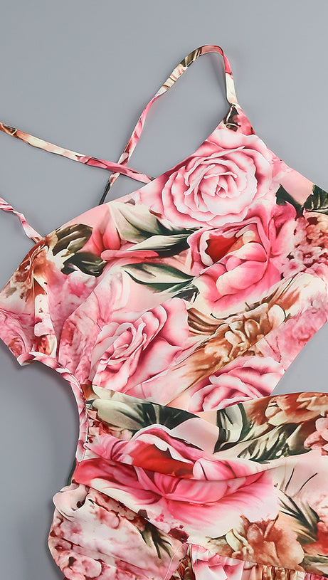 Rosa bedrucktes Midikleid mit offenem Rückenschlitz und ausgehöhlter Vorderseite