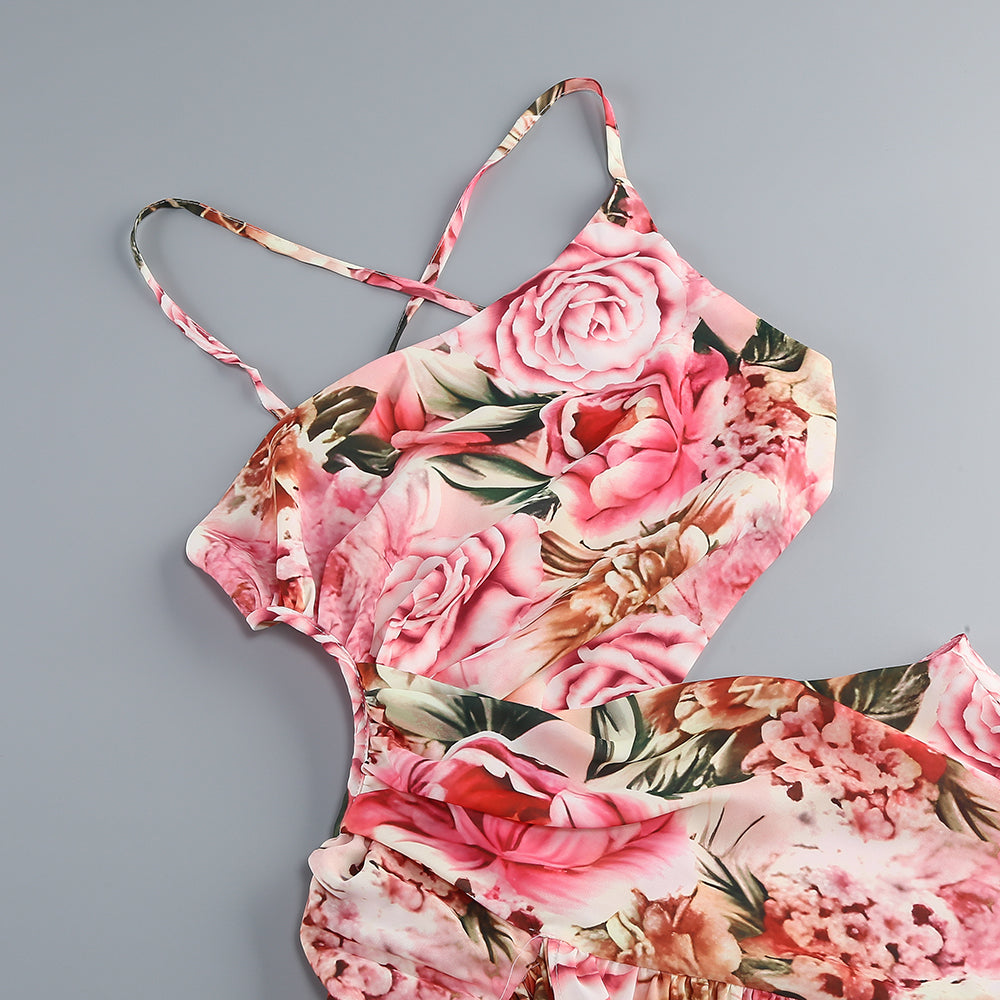 Rosa bedrucktes Midikleid mit offenem Rückenschlitz und ausgehöhlter Vorderseite