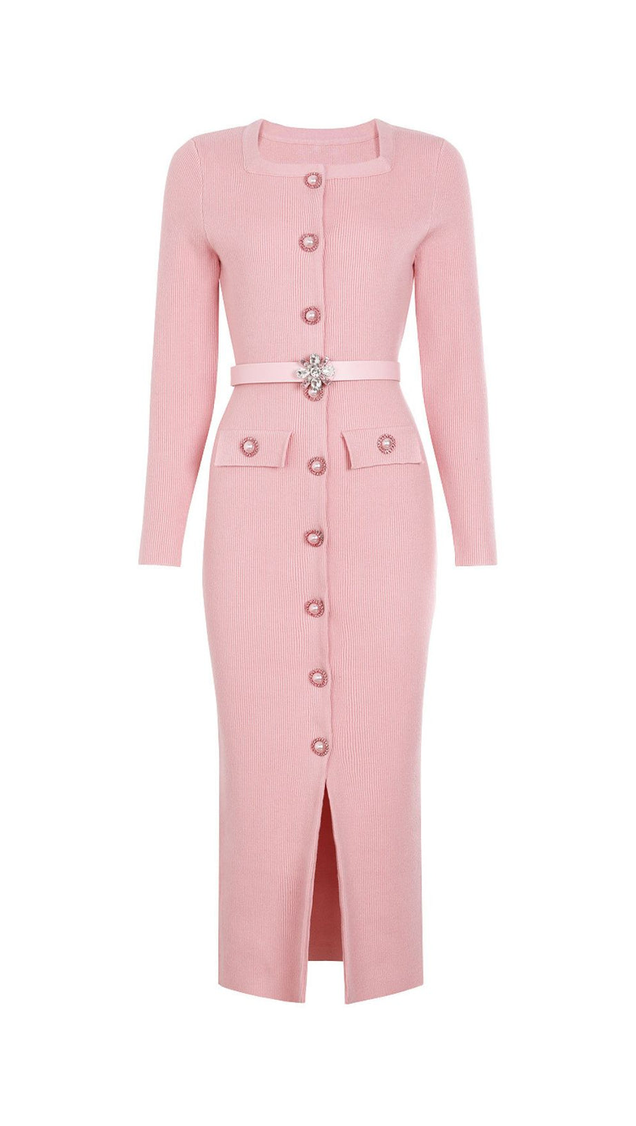 The June Knit Midi Dress: Elegant Ribbed Style with Embellished Belt