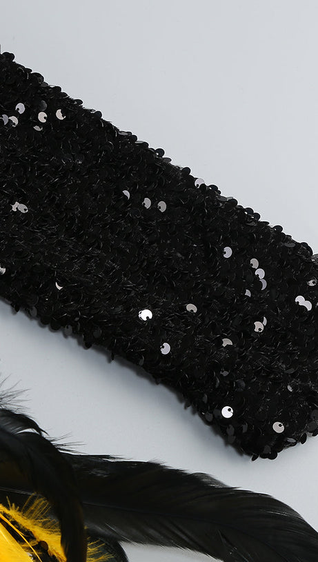 FEATHER EMBELLISHED SEQUIN MINI DRESS IN BLACK