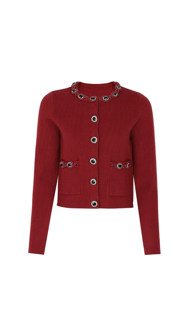AIIZIE Elegant Wine Red Embellished Knit Cardigan & Midi Skirt Set - product image