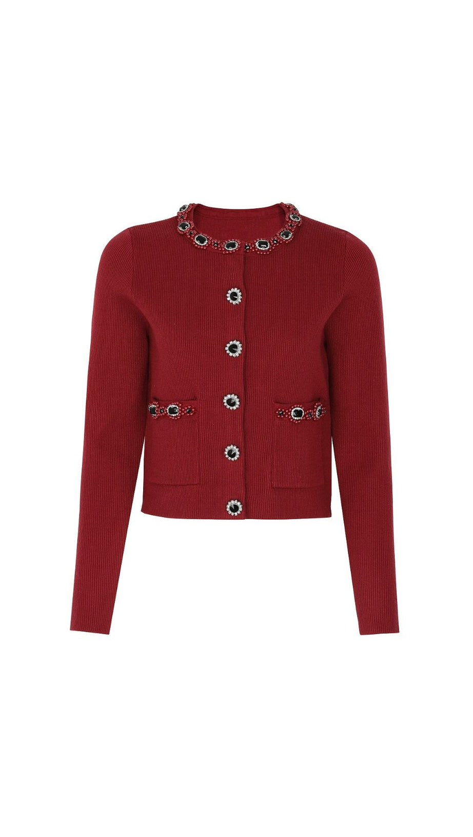 Elegant Wine Red Embellished Knit Cardigan & Midi Skirt Set