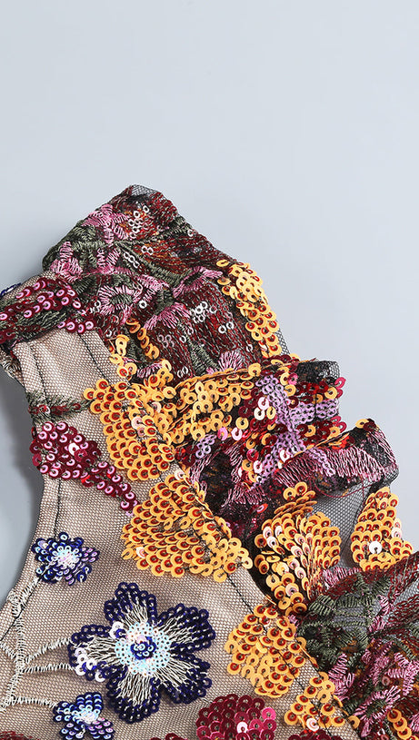 RUFFLE FLORAL SEQUIN EMBROIDERED MINI DRESS