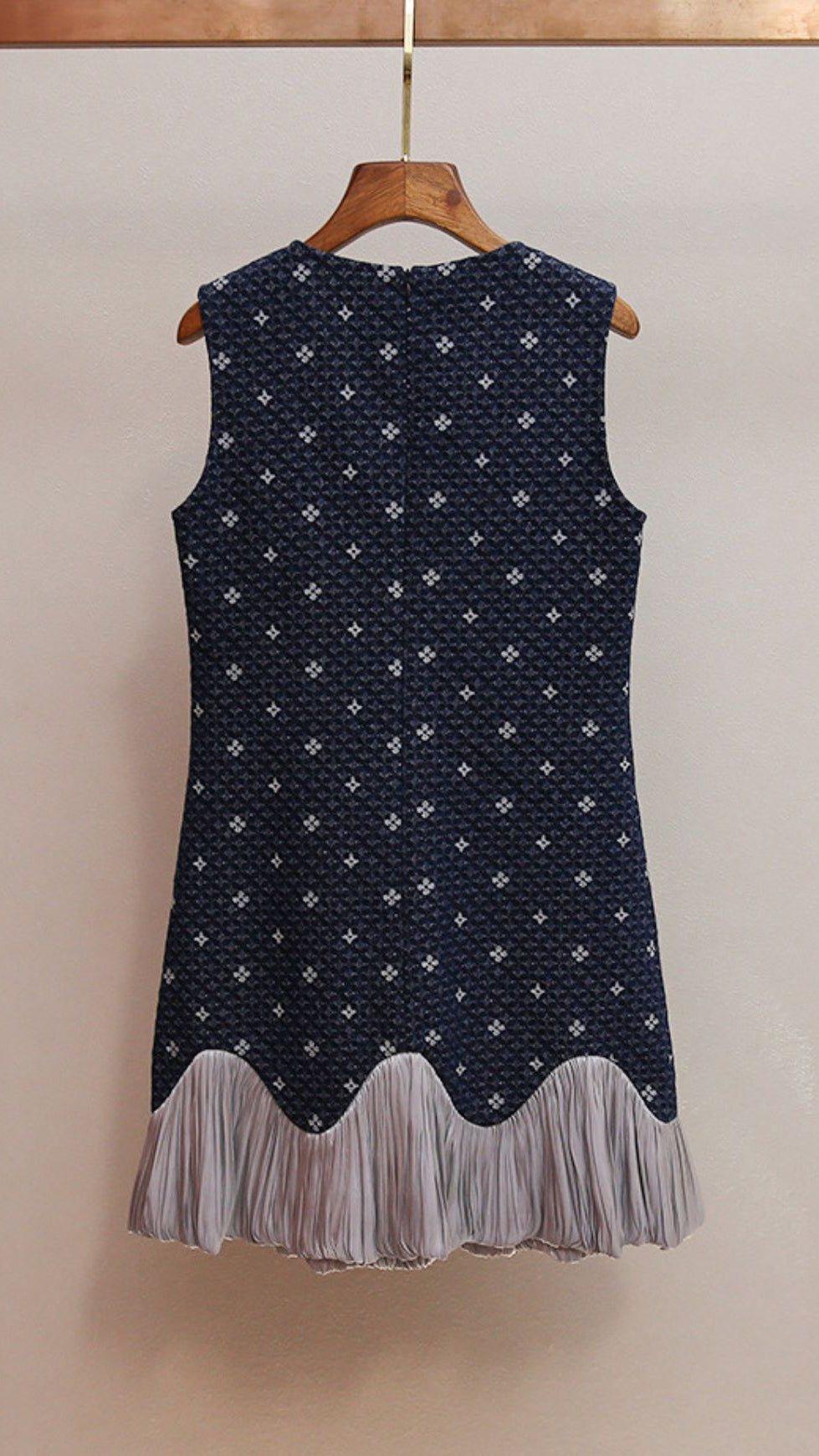 HASIKA NAVY GEOMETRIC SLEEVELESS MINI DRESS | UNIQUE WAVY PLEATED HEM