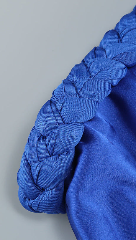 BEVERLY BRAID EMBELLISHED RUCHED HALTER GOWN IN BLUE