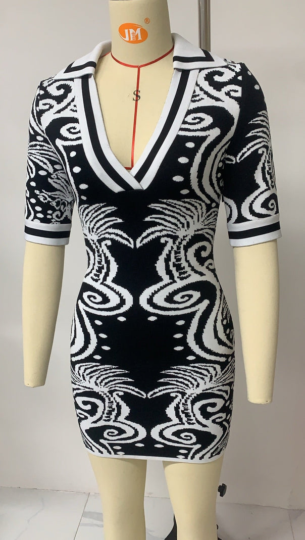 AIIZIE KNIT VINTAGE PATTERN MINI DRESS IN BLACK - product image