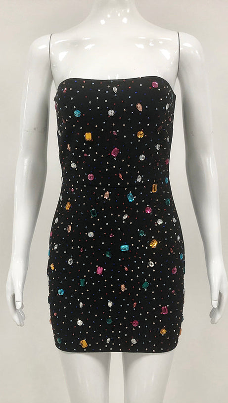 MULTICOLOR-CRYSTAL EMBELLISHED BLACK STRAPLESS MINI DRESS