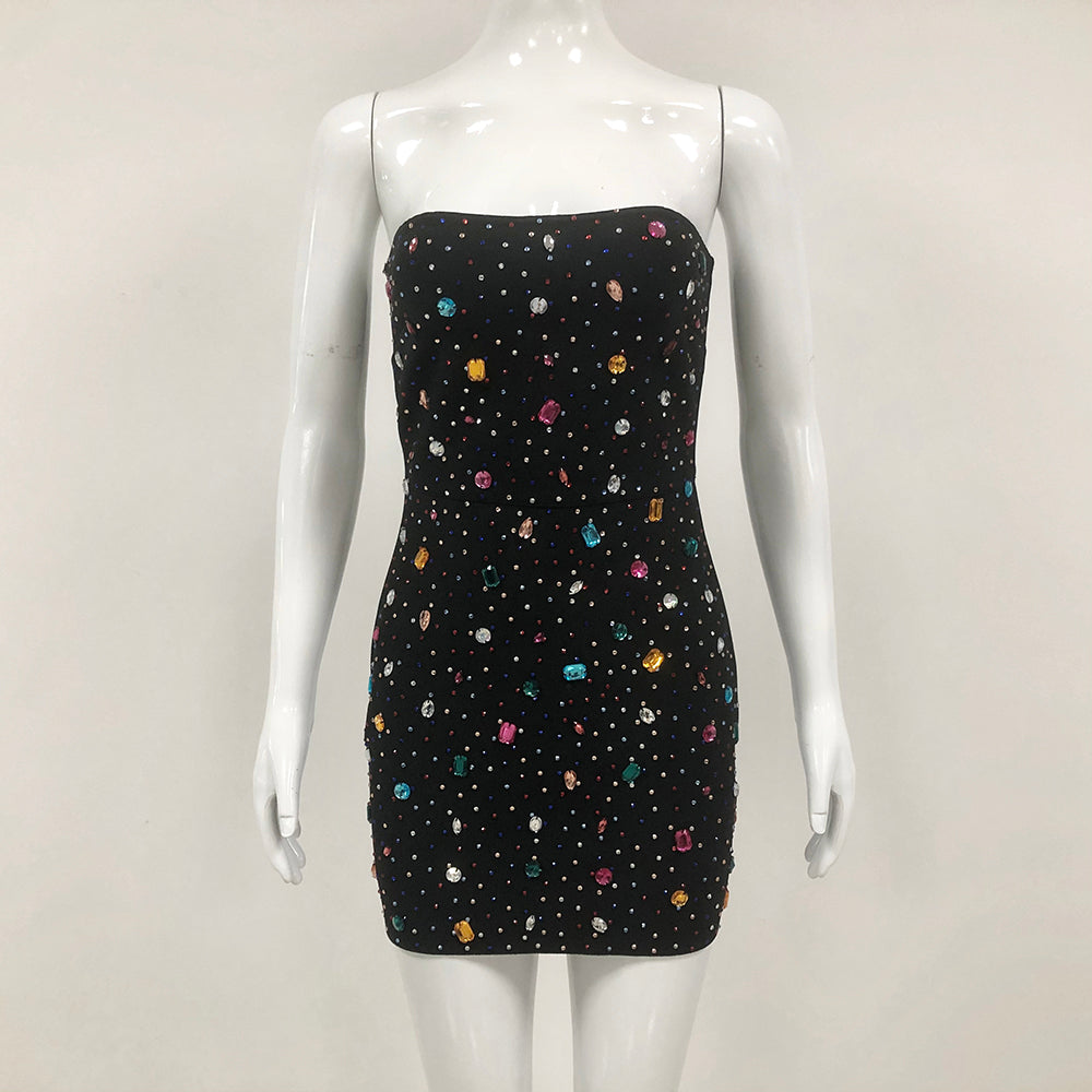 AIIZIE MULTICOLOR-CRYSTAL EMBELLISHED BLACK STRAPLESS MINI DRESS - product image
