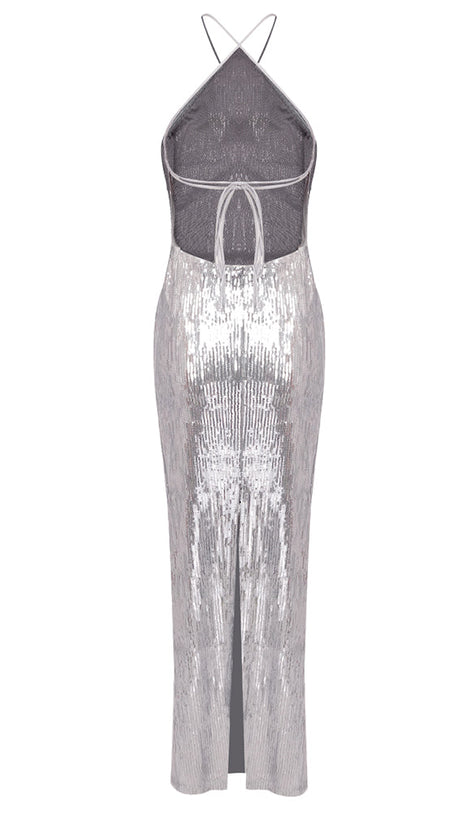 WINIFRED FLORAL-APPLIQUÉ SEQUIN MAXI DRESS SILVER