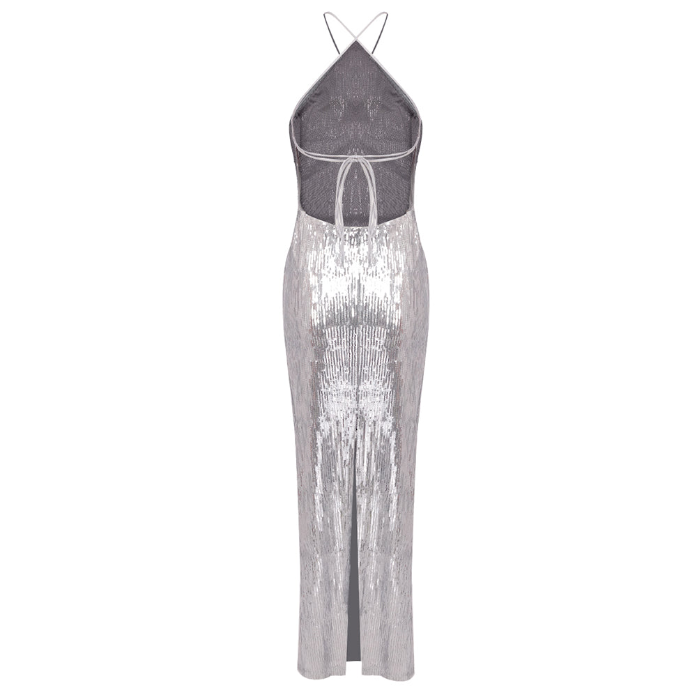 AIIZIE WINIFRED FLORAL-APPLIQUÉ SEQUIN MAXI DRESS SILVER - product image