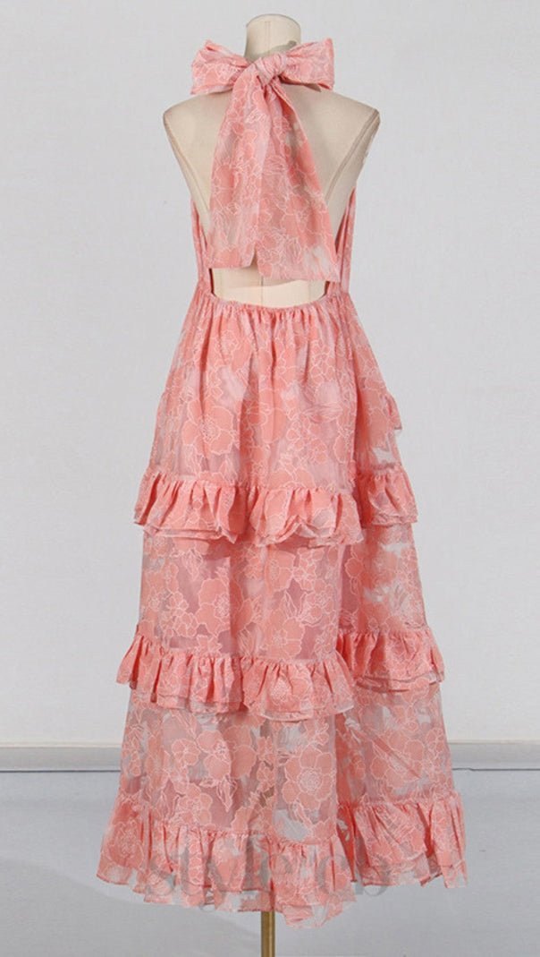AIIZIE HALTER FLOWER RRUFFLE MAXI DRESS IN PINK - product image