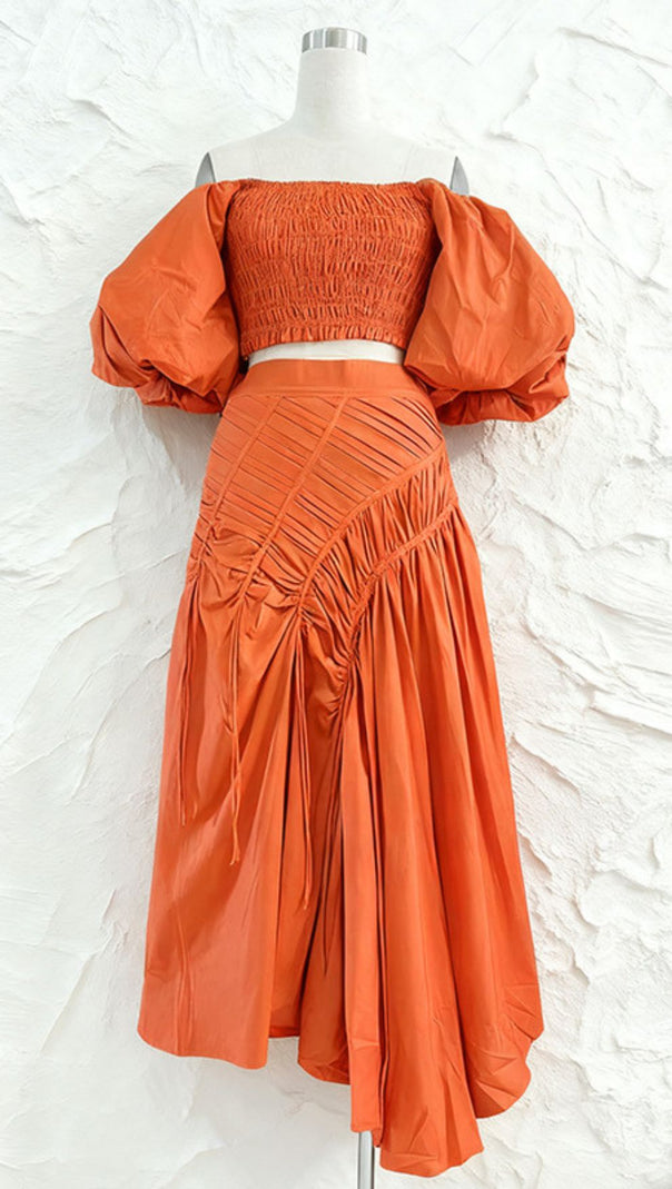 AIIZIE Vibrant Lime Green Puff Sleeve Crop Top & Ruched Maxi Skirt Set | Ivo Two-Piece - product image
