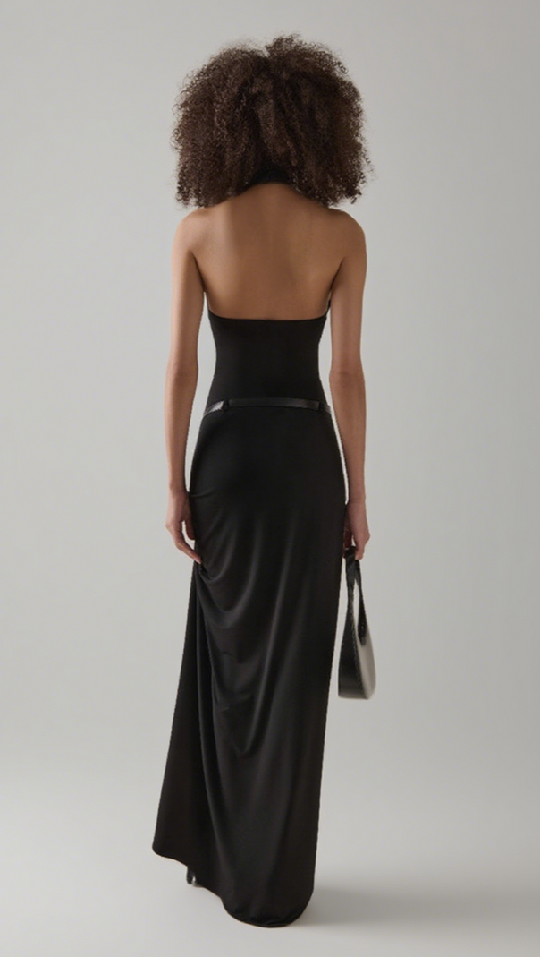 AIIZIE HALTER NECK BELTED SLIT MAXI DRESS IN BLACK - product image