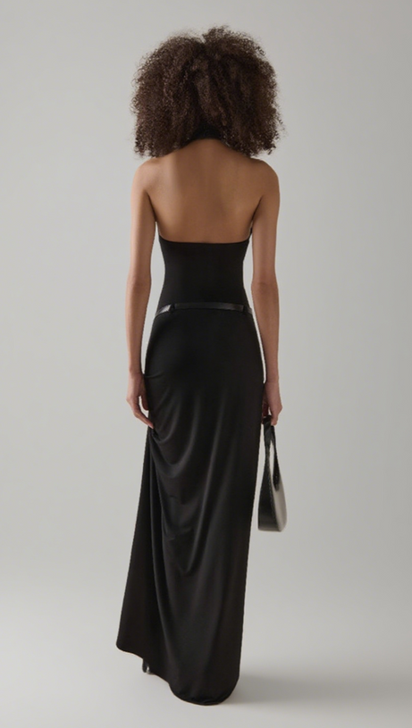 HALTER NECK BELTED SLIT MAXI DRESS IN BLACK
