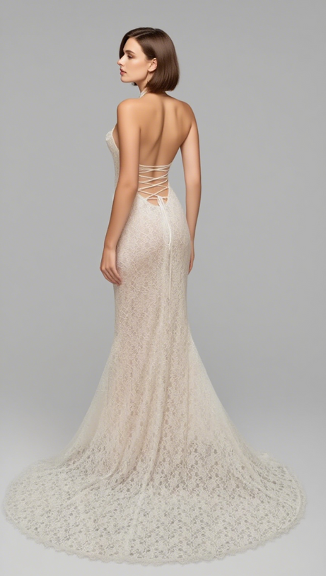 LACE HALTER NECK MERMAID MAXI DRESS IN WHITE