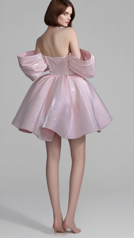 OFF SHOULDER SATIN MINI DRESS IN PINK