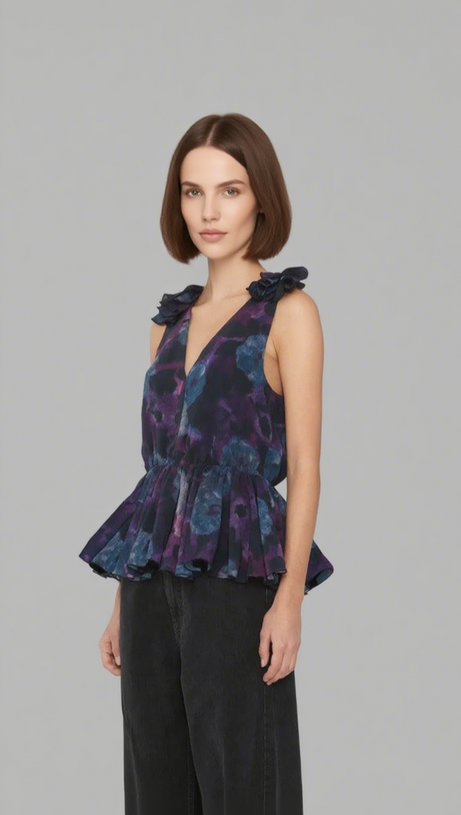 FLORAL PRINT CHIFFON RUFFLE TOP