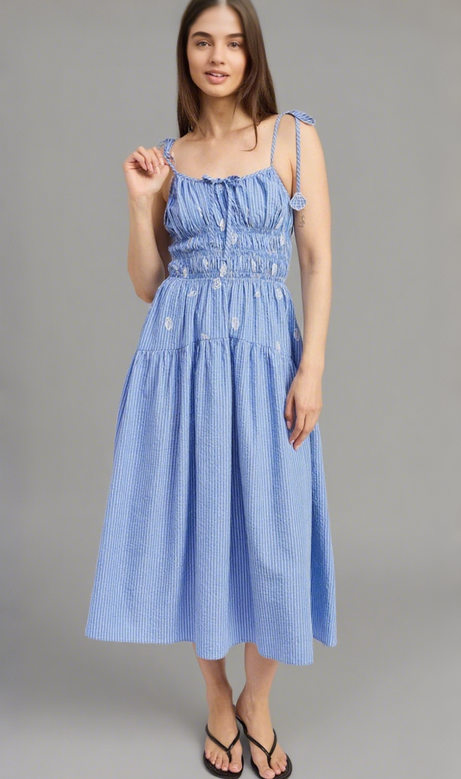 simona Abito midi a righe ricamate blu