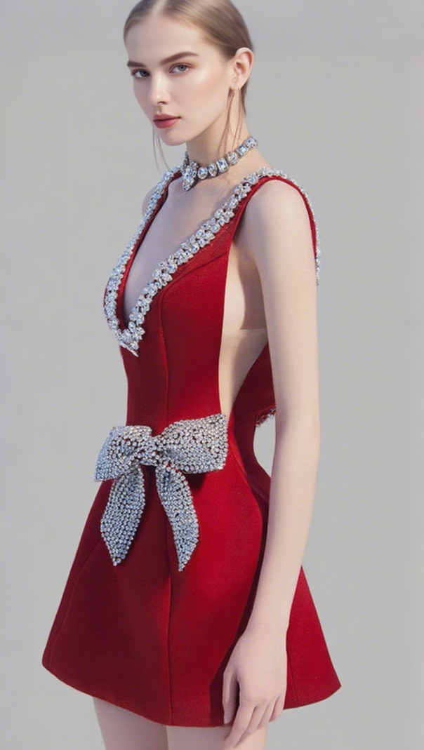 AIIZIE ESME PLUNGE BOWNOT MINI DRESS IN RED - product image