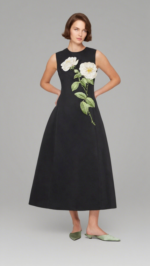 AIIZIE KATE FLORAL PRINT EMBELLISHED SLEEVELESS MIDI DRESS IN BLACK - product image