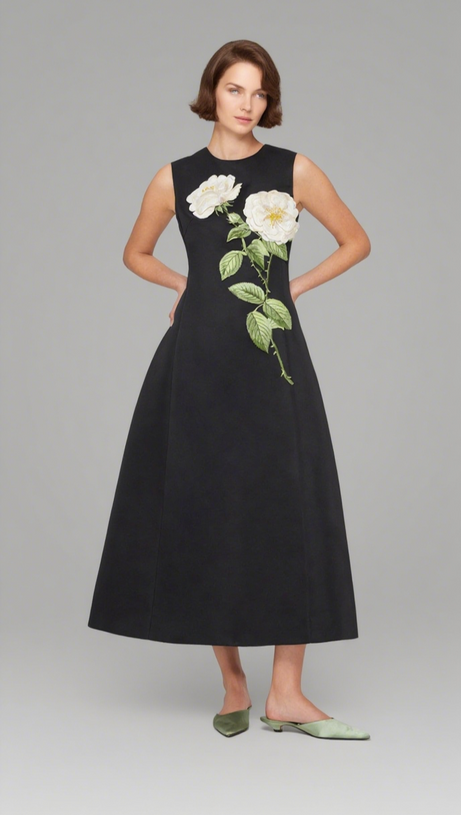 KATE FLORAL PRINT EMBELLISHED SLEEVELESS MIDI DRESS IN BLACK