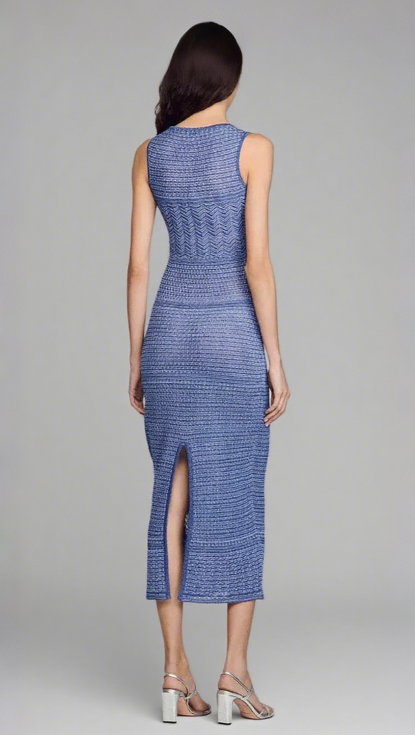 AIIZIE HOLLOW STRIPED SLEEVELESS KNIT MIDI DRESS IN ROYAL BLUE - product image