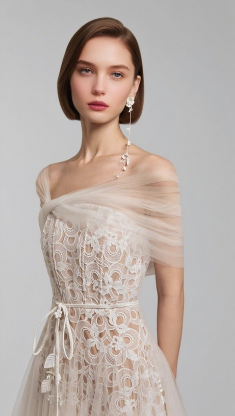 ABITO MIDI IN PIZZO ARRICCIATO CON GOCCE MIUA IN BIANCO