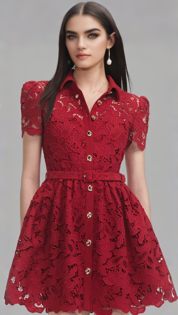 AIIZIE BURGUNDY LACE COLLARED MINI DRESS - product image