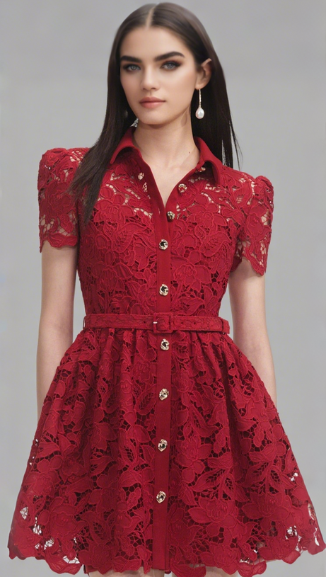 Burgunderrotes Minikleid mit Spitzenkragen
