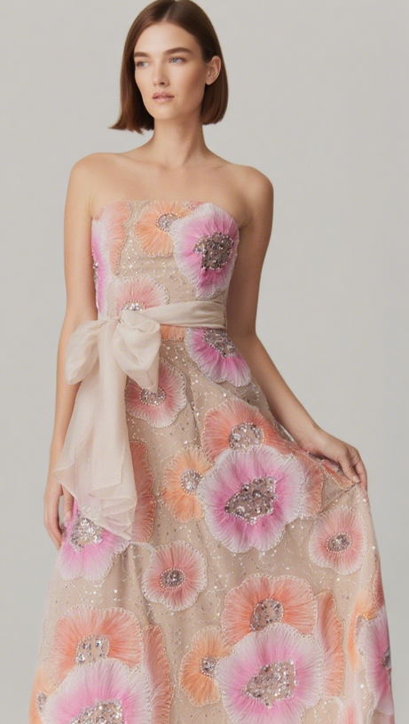 STRAPLESS FLOWER SEQUIN EMBELLISHED MIDI DRESS