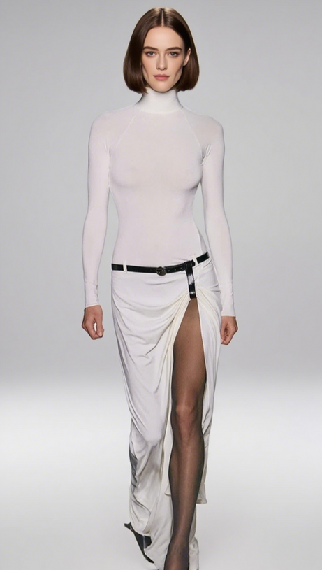 TURTLENECK BELTED DRAPED SLIT MAXI DRESS IN WHITE