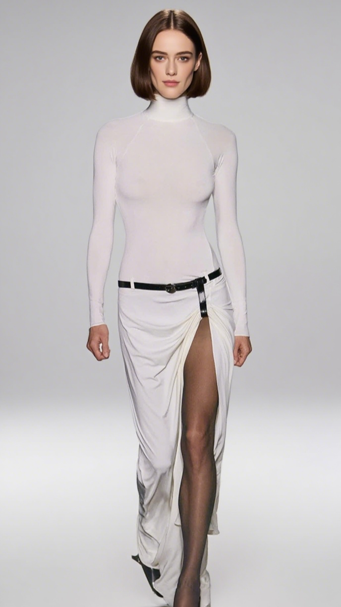 TURTLENECK BELTED DRAPED SLIT MAXI DRESS IN WHITE