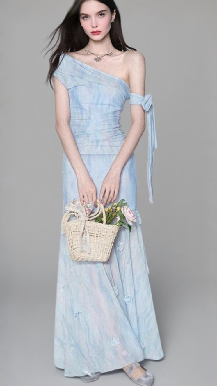 ABITO LUNGO SLIM PLISSETTATO MONOSPALLA ROSALIND BLU