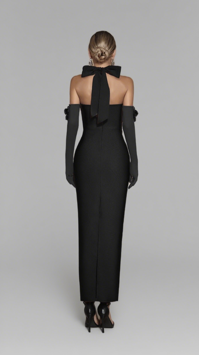 STRAPLESS FLORAL EMBELLISHED MIDI DRESS IN BLACK