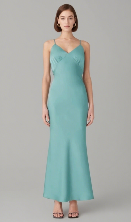 Vida Satin Midi Dress in Juniper Green