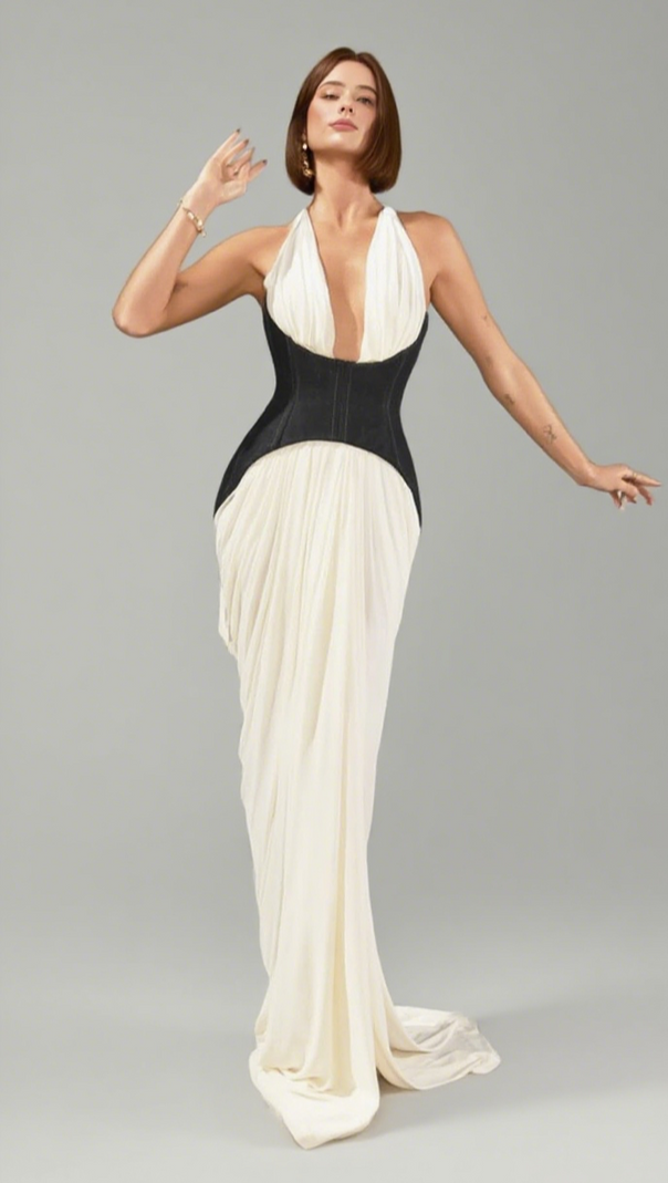 AIIZIE HALTER NECK CONTRAST CORSET MAXI DRESS IN WHITE - product image