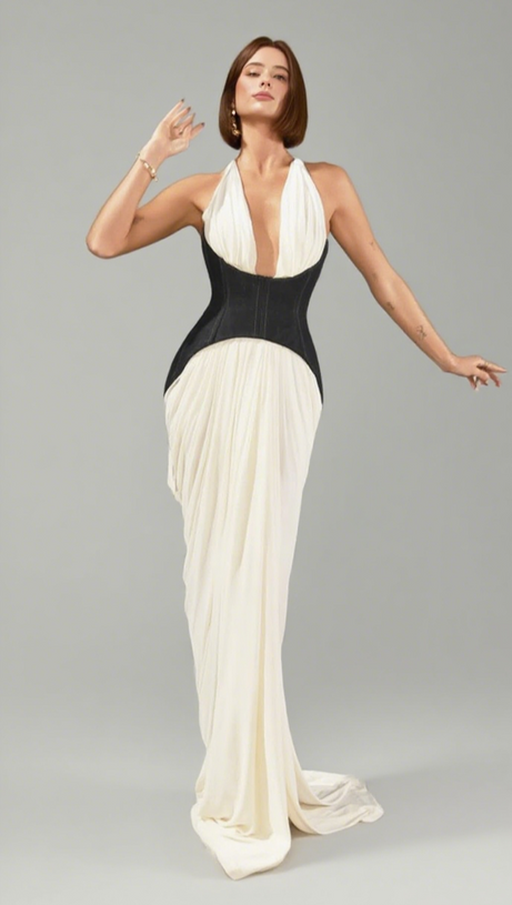 HALTER NECK CONTRAST CORSET MAXI DRESS IN WHITE