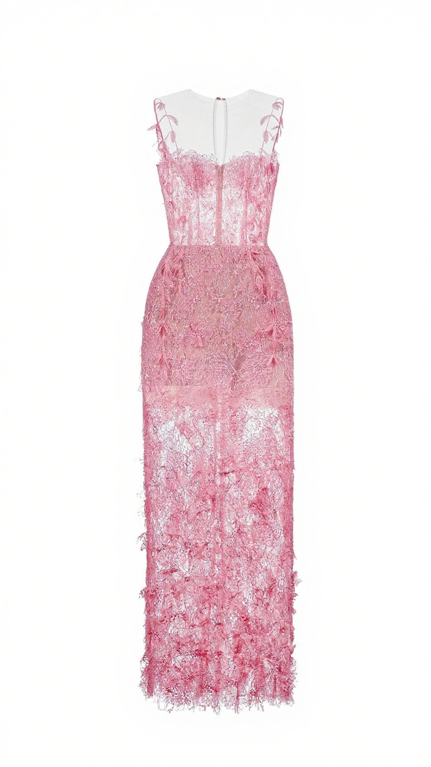 PINK BEADED LACE PENCEL DRESS