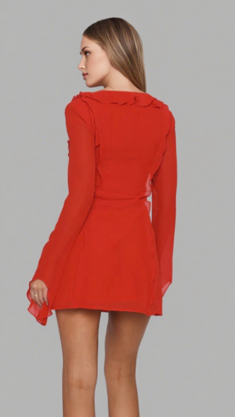 RUFFLED TIE DEEP V CHIFFON MINI DRESS IN RED