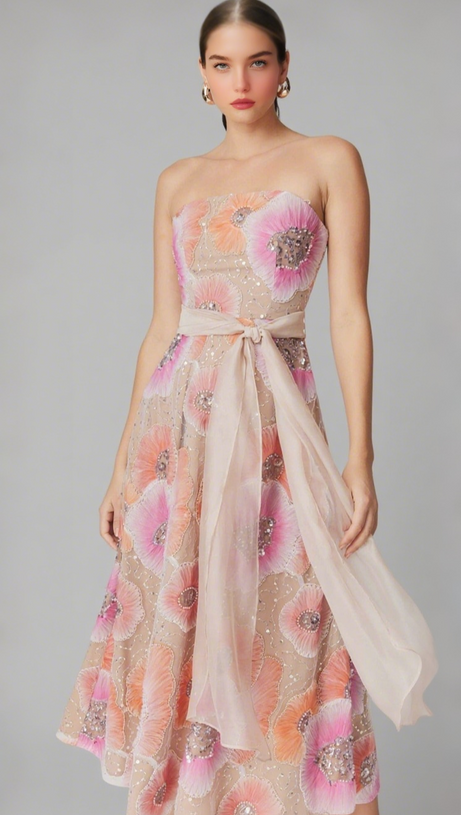 STRAPLESS FLOWER SEQUIN EMBELLISHED MIDI DRESS