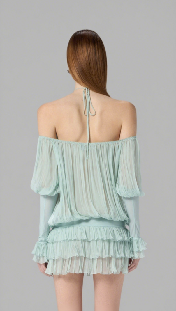 AIIZIE HALTER PLEATED RUFFLE MINI DRESS IN GREEN - product image