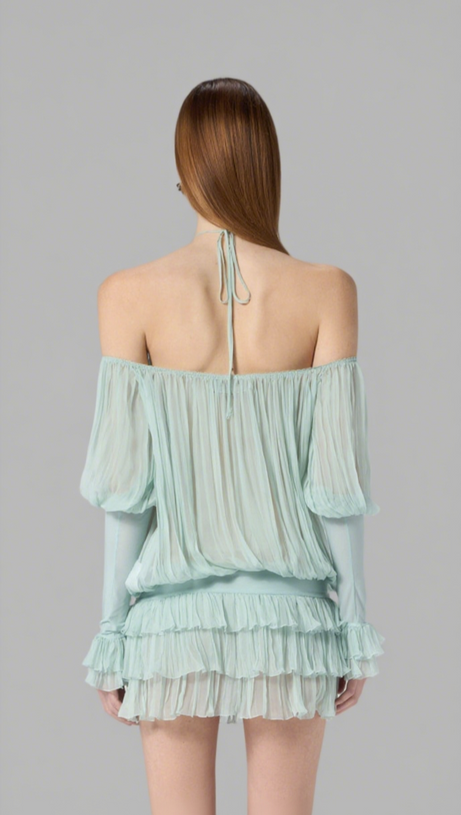 HALTER PLEATED RUFFLE MINI DRESS IN GREEN