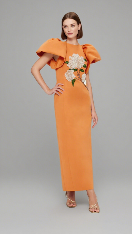 ABITO LUNGO DECORATO EDWINA CON STAMPA ORTENSIA IN MANDARINO